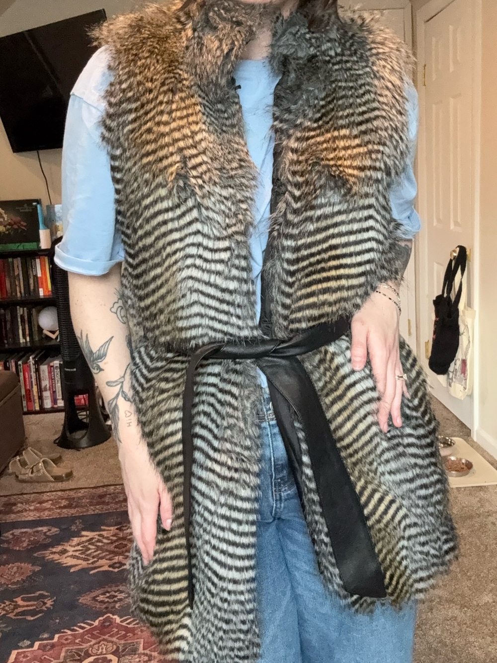 Charlotte Russe Striped Faux Fur Vest with Black Belt
